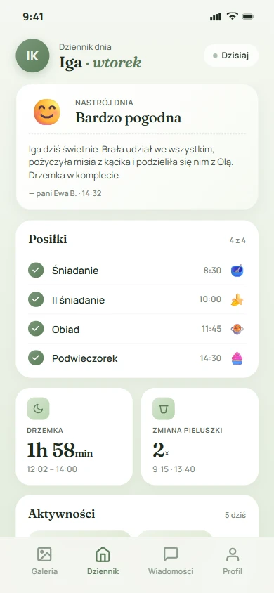 Aplikacja Dziennik pobytu na telefonie. Posiłki, drzemka, nastrój, aktywności i wpis opiekuna z dnia w żłobku. Wymiana papierowej książeczki na cyfrowy raport. Realizacja: AI Scaling Systems pod marką Wzorowa Placówka.