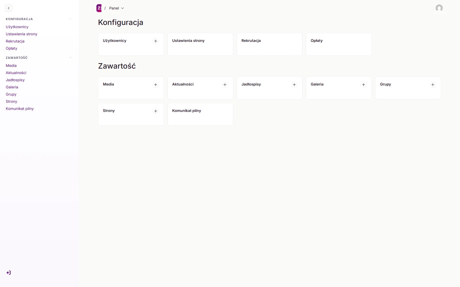 Panel redakcyjny CMS dla Żłobka Miejskiego nr 2 w Gorzowie Wielkopolskim. Personel placówki samodzielnie edytuje treści: aktualności, jadłospis, galeria, dokumenty, rekrutacja. Brand: purpura i róż. Realizacja: AI Scaling Systems pod marką Wzorowa Placówka.
