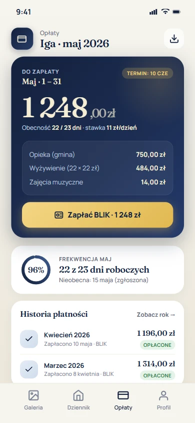 Aplikacja Opłaty i frekwencja na telefonie. Faktura miesięczna liczona z dni obecności dziecka, BLIK, historia wpłat. Realizacja: AI Scaling Systems pod marką Wzorowa Placówka.