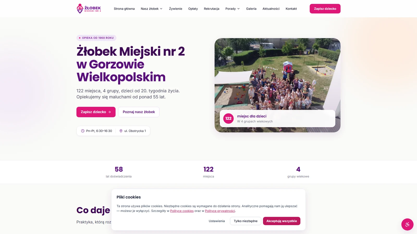 Strona internetowa Żłobka Miejskiego nr 2 w Gorzowie Wielkopolskim, widok komputerowy. Realizacja: AI Scaling Systems pod marką Wzorowa Placówka. Strona zgodna z RODO, ustawą Kamilka, dostępnością cyfrową WCAG 2.1 AA i wymogami KSC.